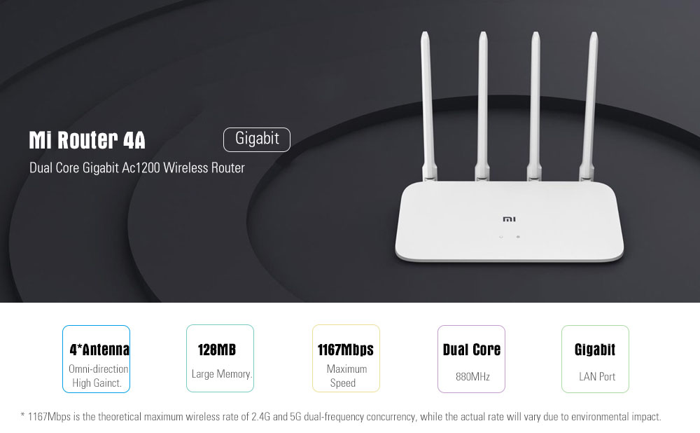 Mi 4A Router Gigabit Edition 2.4GHz + 5GHz WiFi 16MB ROM + 128MB DDR3 High Gain 4 Antenna Remote APP Control Support IPv6 - White International Version