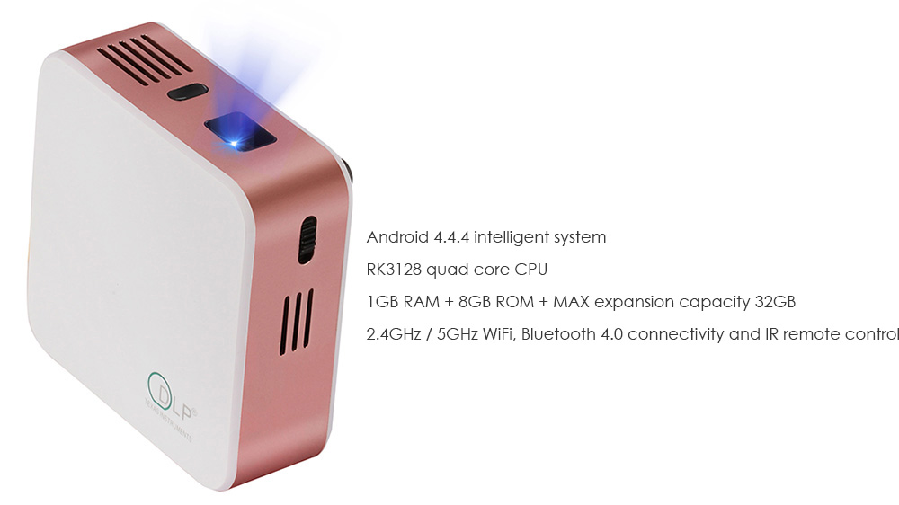 E05 Mini DLP Pocket Projector Android 4.4.4 RK3128 Quad Core 120 Lumens 854 x 480 Pixels 1080P HD Media Player Support WiFi Bluetooth 4.0